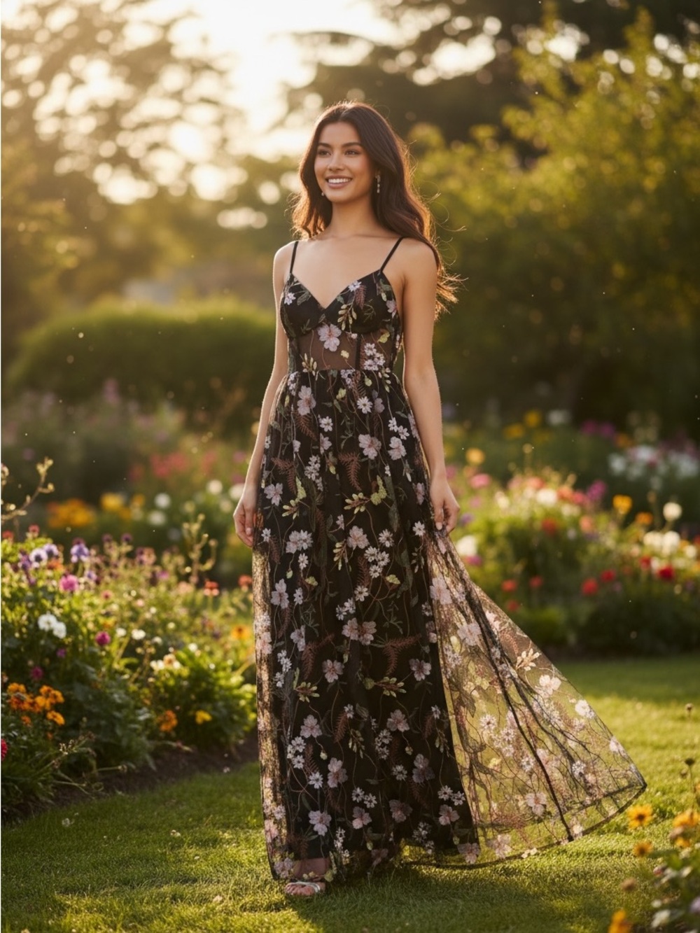 Lulus Radiant Fantasy Black Floral Embroidered Tulle Maxi Dress Sz M